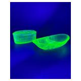 Vibrant Depression Era Uranium Glass | Covered Butter Dish & Divided Relish Set | Glows Green Under Blacklight