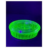 Vibrant Depression Era Uranium Glass | Covered Butter Dish & Divided Relish Set | Glows Green Under Blacklight