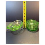 Vibrant Depression Era Uranium Glass | Covered Butter Dish & Divided Relish Set | Glows Green Under Blacklight