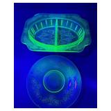 VINTAGE JEANNETTE GLASS "ADAM" GREEN DEPRESSION URANIUM DIVIDED RELISH DISH & SAUCER