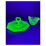 Vintage Uranium Glass Handled Tray & Creamer Set (Glows Under UV Light)