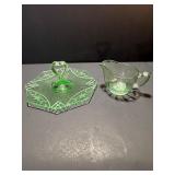 Vintage Uranium Glass Handled Tray & Creamer Set (Glows Under UV Light)