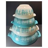 RARE & HIGHLY COLLECTIBLE VINTAGE PYREX: Complete set of four Turquoise "Amish Butterprint" Cinderella Mixing Bowl Set (1957-1968)