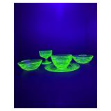 Vibrant Vintage URANIUM/Vaseline Glass 5-Piece Lot: Glows Bright Green under UV Light! (Depression Era)