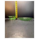 Vintage Uranium Green Depression Glass Swirl Pattern Platter & Bowl Set - Glows UV!