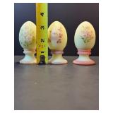 Set of 3 RARE Vtg FENTON Uranium Custard Satin Glass Hand-Painted Floral Eggs - Glows Bright Green! Artist Signed?
