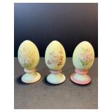 Set of 3 RARE Vtg FENTON Uranium Custard Satin Glass Hand-Painted Floral Eggs - Glows Bright Green! Artist Signed?