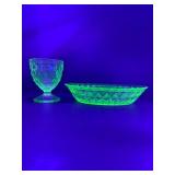 Vintage Jeannette Uranium Vaseline Glass Platter & Sherbet Cup, "Windsor Diamond" Pattern, GLOWS