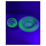 Vintage Jeannette Uranium Vaseline Glass Platter & Sherbet Cup, "Windsor Diamond" Pattern, GLOWS