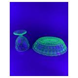 Vintage Jeannette Uranium Vaseline Glass Platter & Sherbet Cup, "Windsor Diamond" Pattern, GLOWS