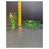 Vintage Jeannette Uranium Vaseline Glass Platter & Sherbet Cup, "Windsor Diamond" Pattern, GLOWS
