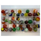 Vintage Mixed Lot of Machine-Made Glass Marbles: Akro Agate, Jabo Classics, Peltier-Style Rainbos, and Marble King Swirls.