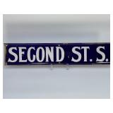 Vintage Porcelain Enamel Street Sign - "SECOND ST. S." Deep Blue & White Embossed Steel Sign.