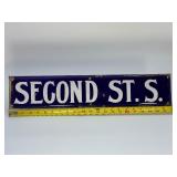 Vintage Porcelain Enamel Street Sign - "SECOND ST. S." Deep Blue & White Embossed Steel Sign.