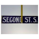 Vintage Porcelain Enamel Street Sign - "SECOND ST. S." Deep Blue & White Embossed Steel Sign.