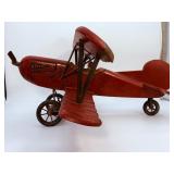 Large Vintage Hand-Carved Wooden Biplane Model | Folk Art WWI Red Baron Style | Brass Propeller | Metal Spoke Wheels & Rubber Tires