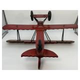 Large Vintage Hand-Carved Wooden Biplane Model | Folk Art WWI Red Baron Style | Brass Propeller | Metal Spoke Wheels & Rubber Tires
