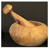 FR - Collection of Wooden Kitchenware Including 12-Inch Fruit Bowl, Mortar and Pestle, and Island Bamboo Salad Hands