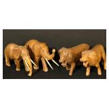 FR - Set of 4 Hand-Carved Vintage Wooden African Animal Figures Elephants and Lions