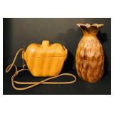 FR - Set of 2 Vintage Acacia Wood Fruit Shaped Decor and Wooden Purse