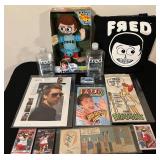 FR - Fred-Themed Collectibles Set Including Plush, Cards, Book, Tote, and Memorabilia