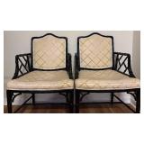 LL - Pair of Black Lacquer Faux Bamboo Chippendale Armchairs with Upholstered Cushions