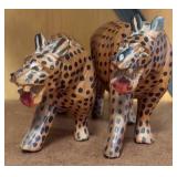 LL - Pair of Hand Carved Wooden Leopard Figurines