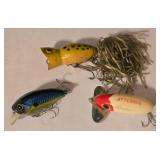LL-FR - Lot of 3 Vintage Fishing Lures - Lunkerhunt 2.25in, Jitterbug, Hula Popper 4in