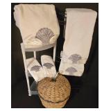 LL-FR - Bathroom Towel Set with Shell Design, Wicker Storage Basket, and Shelving Racks