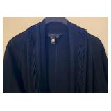 LL-FR - Andrea Jovine Black Wool Cardigan with Fringe Trim, Size Large