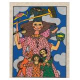 LR - Set of 4 Colorful Unframed Fabric Art Prints by Kiki 1990s