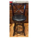 K - Pair of Swivel Barstools with Wood Frame and Black Cushioned Seats