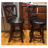 K - Pair of Swivel Barstools with Wood Frame and Black Cushioned Seats