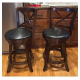 K - Pair of Swivel Barstools with Wood Frame and Black Cushioned Seats