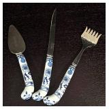 K - Sheffield England Blue and White Porcelain Handle Serving Utensil Set