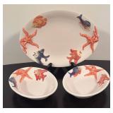LR - Bassano Italy Ceramic Platter and 2 Serving Bowls with Fish and Starfish Motif