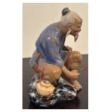 LR - Asian Mud Man Fisherman Figurine with Fishing Pole