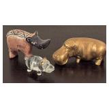 LR - Set of 3 Hippo Figurines - Brass, Glass and Hand-Painted Stone