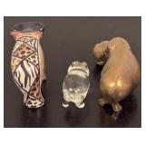 LR - Set of 3 Hippo Figurines - Brass, Glass and Hand-Painted Stone
