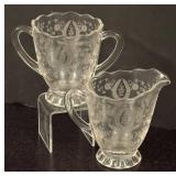 K - Vintage Cambridge Glass Creamer Pitcher and Sugar Dish Set with Floral Etchings
