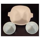 K - Vintage Corning Ware 2.5 Qt Casserole Dish and 2 Vintage Blue Pyrex Mixing Bowls