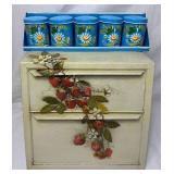 Vintage Tin Pie Safe with 3D Strawberries and Vintage Ransburg Blue Metal Wall Hanging Spice Canister Set
