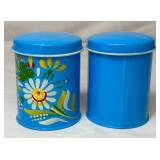 Vintage Tin Pie Safe with 3D Strawberries and Vintage Ransburg Blue Metal Wall Hanging Spice Canister Set