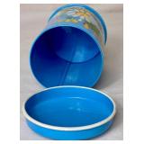 Vintage Tin Pie Safe with 3D Strawberries and Vintage Ransburg Blue Metal Wall Hanging Spice Canister Set