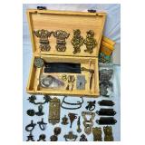 Variety of Vintage Trunk Hardware Parts & Nails plus 2 Leather Handles