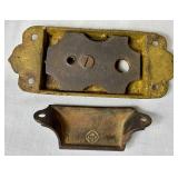 Variety of Vintage Trunk Hardware Parts & Nails plus 2 Leather Handles