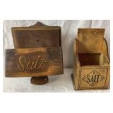 Old Tyme Salt Boxes and Two Antique Tin Wall Mount Match Holders