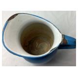 Vintage Blue Enamelware Bundle - Basin Bowl, Pictcher, Biscuit Jar, Dipper, Blue Speckled Bowl and Blue Pail and Butter Warmer