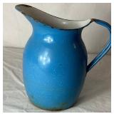 Vintage Blue Enamelware Bundle - Basin Bowl, Pictcher, Biscuit Jar, Dipper, Blue Speckled Bowl and Blue Pail and Butter Warmer