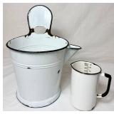 Vintage Enamelware Hanging Milking Pail with Spout and 1000 ml Measuring Jug